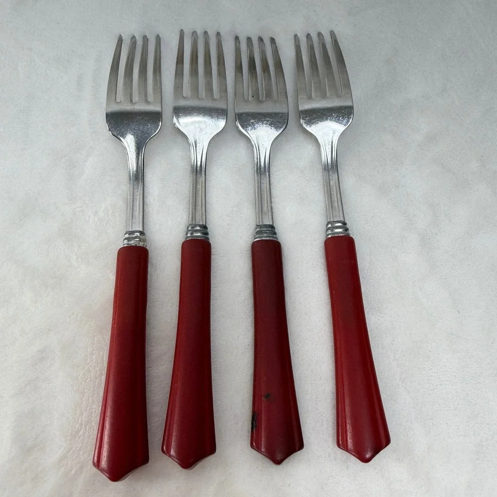 VTG Red Bakelite Handle‎ Dinner Forks Set of 4 Mid Century Retro MCM